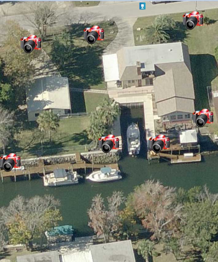 Aerial View of the Waterfront Property for Sale in Citrus County, Crystal River with Camera Viewpoints